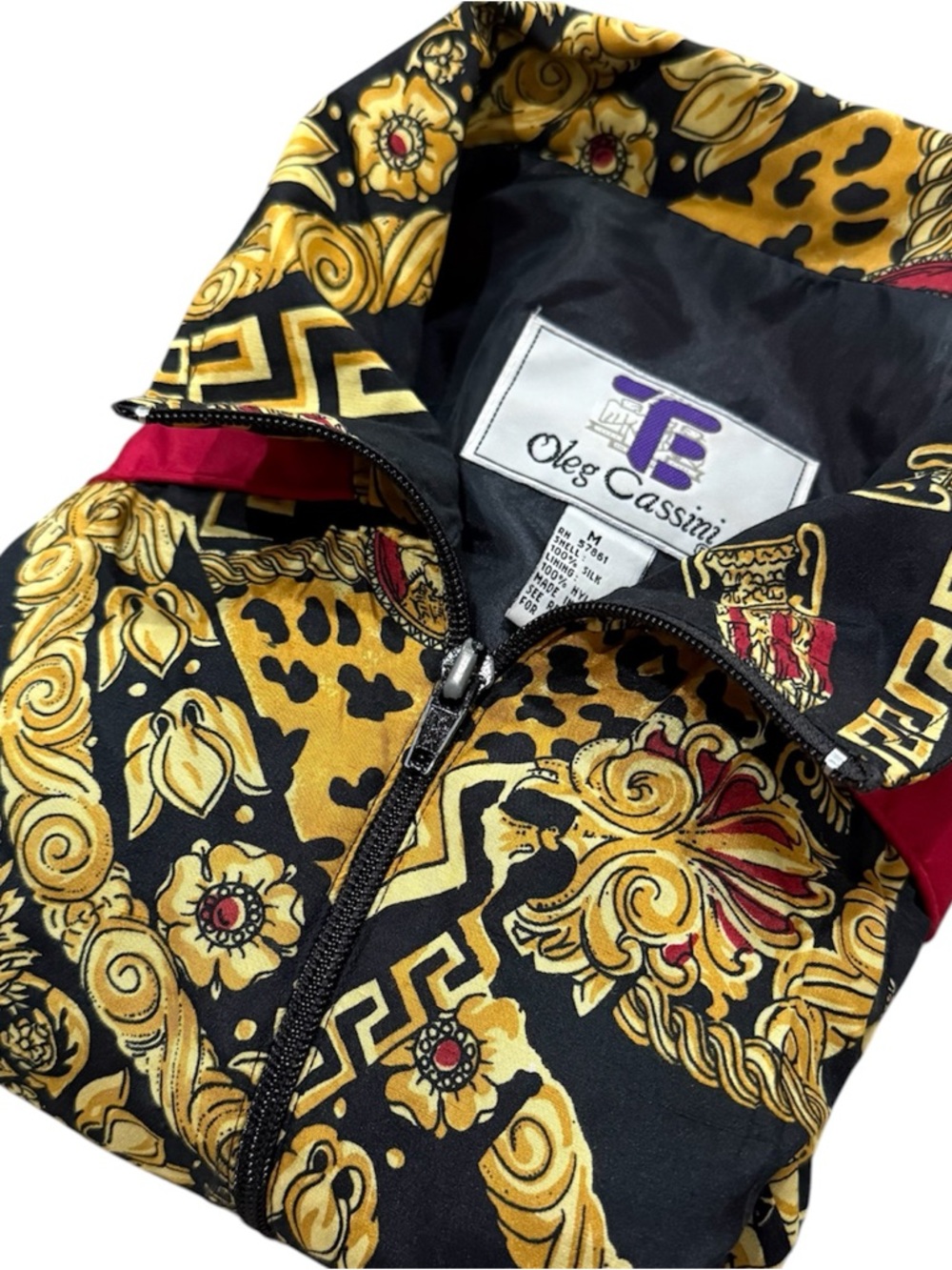 VTG 90s Oleg Cassini Black Red Gold Silk Greek Key Leopard Patterned Jacket M
